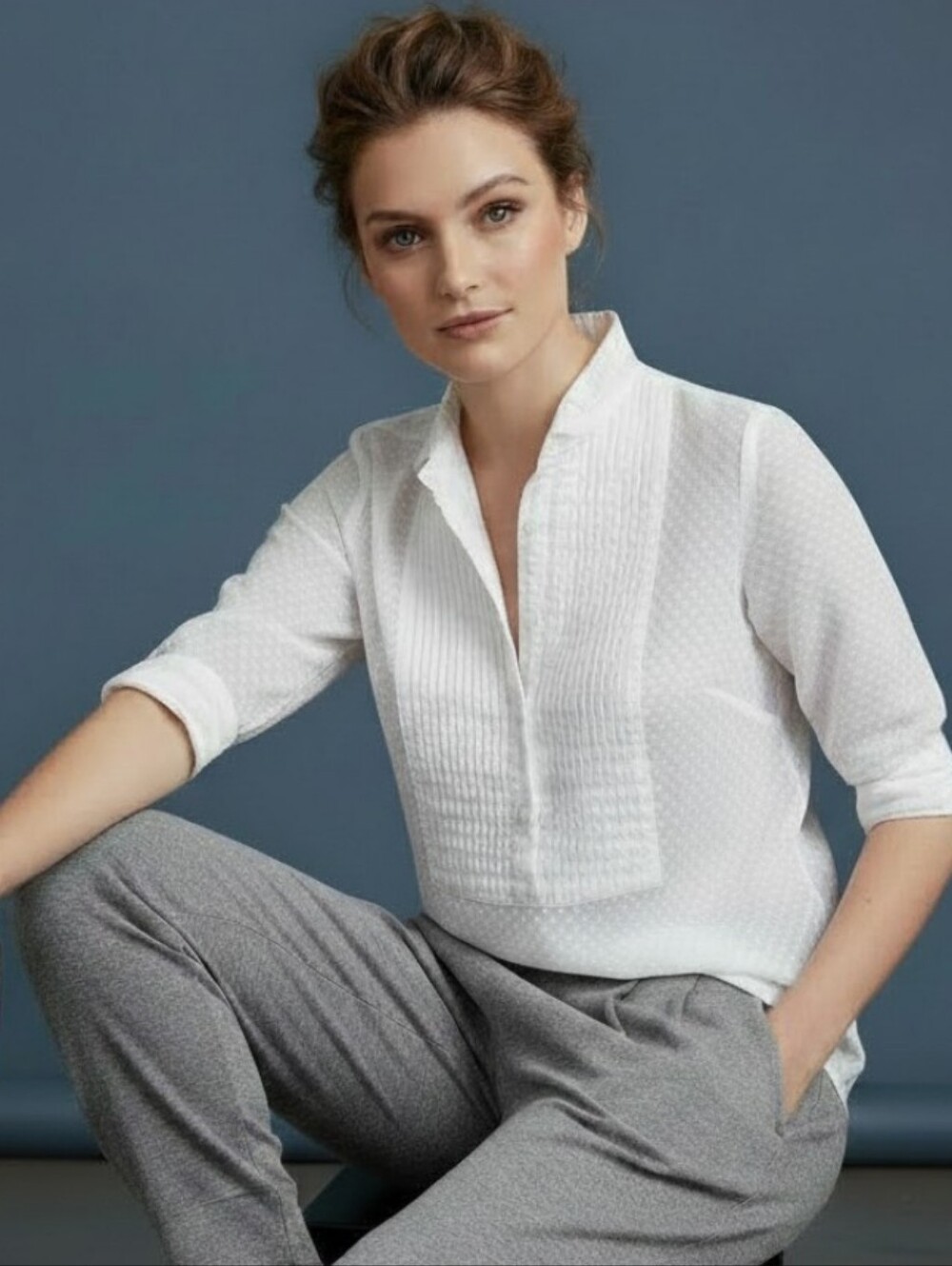 J. CREW Semi Sheer Swiss Dot Pintucked Tuxedo Bib Popover Pullover Shirt White 8